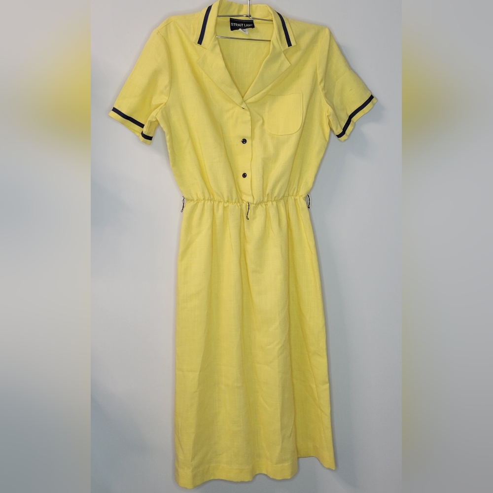 Vintage Strait Line Yellow Navy Blue Midi Rockabilly Collared Day Shirt Dress